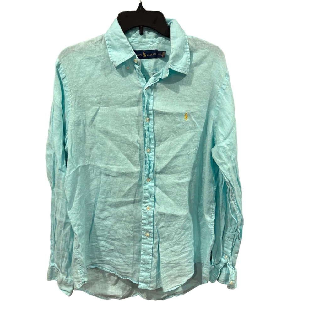 Polo Ralph Lauren Preppy Mint Aqua Linen Button Down Shirt Women's L Minimalist